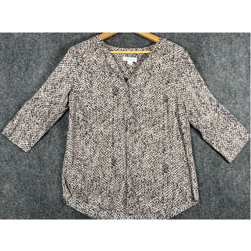 Liz Claiborne Womens Large V-Neck 3/4 Sleeve Abstract Pebble Print Blouse Tan